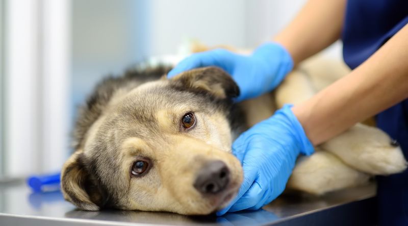 large sandy and grey dog lying on examination table while vet examines it; vet's hands are visible, they are wearing blue gloves