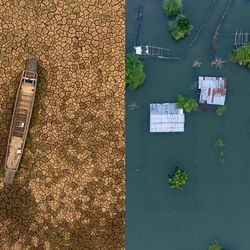 Two photos side-by-side. The photo on the left shows an aerial photo of a dried up river with a boat stranded in the middle. The ground is cracked and brown. The photo to the right shows another aerial view but this one is of a flooded settlement. The metallic roofs of buildings appear above the water's surface along with those of the surrounding trees. 