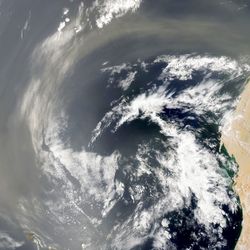 Satellite image of a dust storm blowing off the coast of the Western Sahara in July 2022.