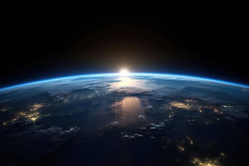 A photo of the Sun creeping over the edge of the Earth as seen from space. The image shows just over a hemisphere's worth of the earth as it is suspended in space. 