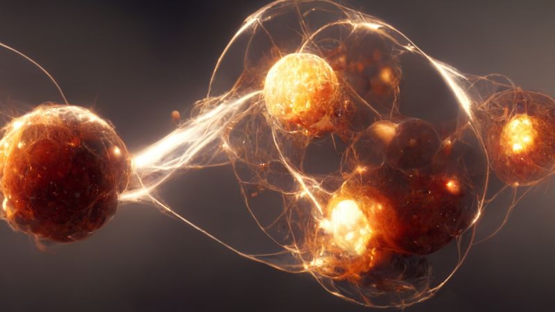 Artistic rendering of connected sperical particles represneting quantum connections