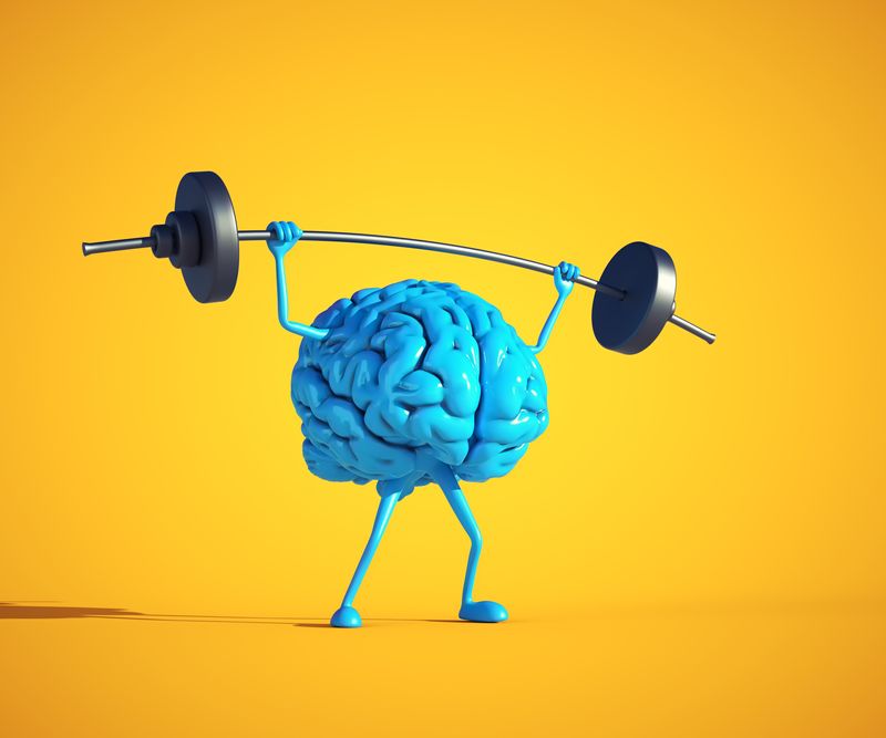 3D illustration of a bright blue human brain with arms and legs lifting weights, on a bright yellow background