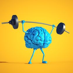 3D illustration of a bright blue human brain with arms and legs lifting weights, on a bright yellow background