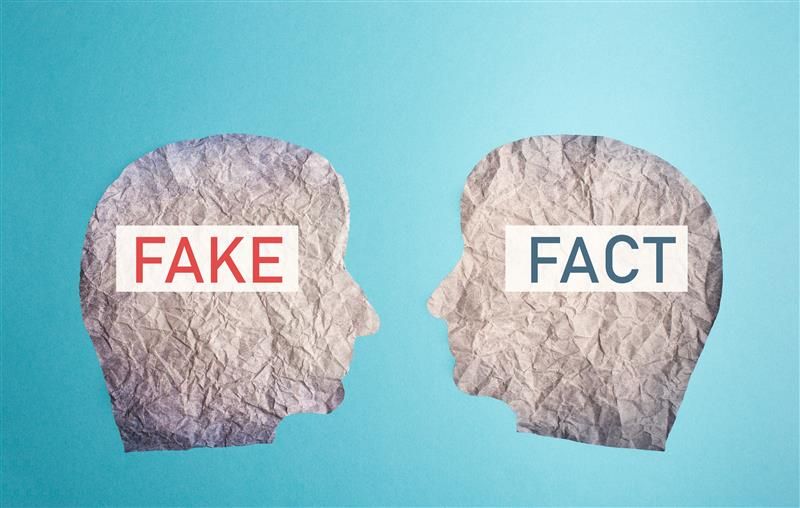 Two human heads presented in 2D as pieces of crumpled paper. The heads are on profile and facing one another. The head on the left has "Fake" written on it in red font and the head on the right has "Fact" on it written in blue font. Both heads are resting on a pale blue background. 