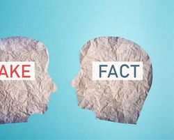 Two human heads presented in 2D as pieces of crumpled paper. The heads are on profile and facing one another. The head on the left has "Fake" written on it in red font and the head on the right has "Fact" on it written in blue font. Both heads are resting on a pale blue background. 