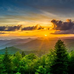 Sunset over the Appalachian Mountains from Caney Fork Overlook on the Blue Ridge Parkway in North Carolina.