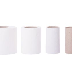 four toilet paper tubes on a white background, going from full on the left to empty tube on the right