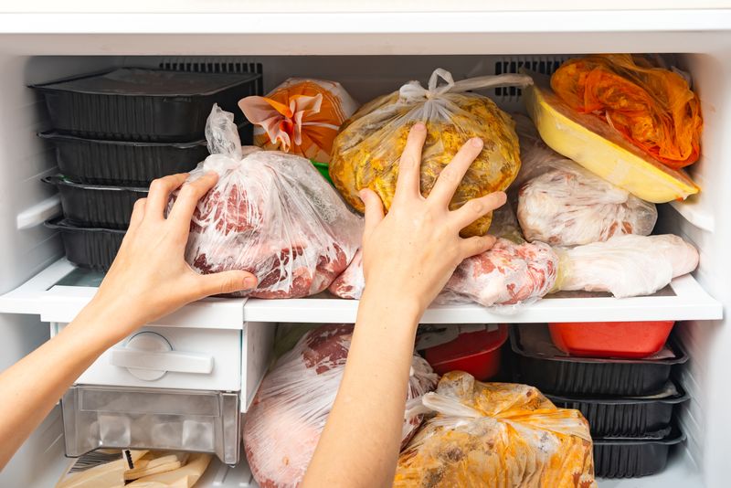 freezer stuffed full of bags of meat and food containers, with person's hands shown pushing more items in