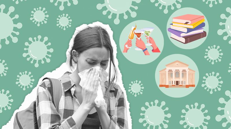 collage representing fresher's flu - young woman sneezing into a tissue, surrounded by viruses, books, drinks, and a university building