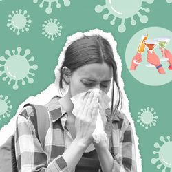 collage representing fresher's flu - young woman sneezing into a tissue, surrounded by viruses, books, drinks, and a university building