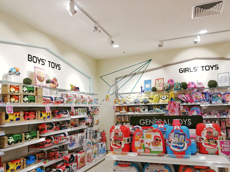 A photo of different toys in a shop arranged in shelves under the headings "Boys' toys" on the left and "Girls' Toys" on the right. The "boy's" toys consist of trucks and toy cars while the "girls'" toys are made up of Disney princes bags and related products.