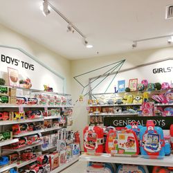 A photo of different toys in a shop arranged in shelves under the headings "Boys' toys" on the left and "Girls' Toys" on the right. The "boy's" toys consist of trucks and toy cars while the "girls'" toys are made up of Disney princes bags and related products.