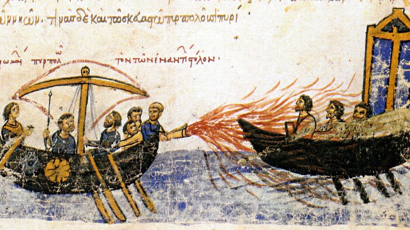 Image from an illuminated manuscript, the Madrid Skylitzes, showing Greek fire in use against the fleet of Thomas the Slav