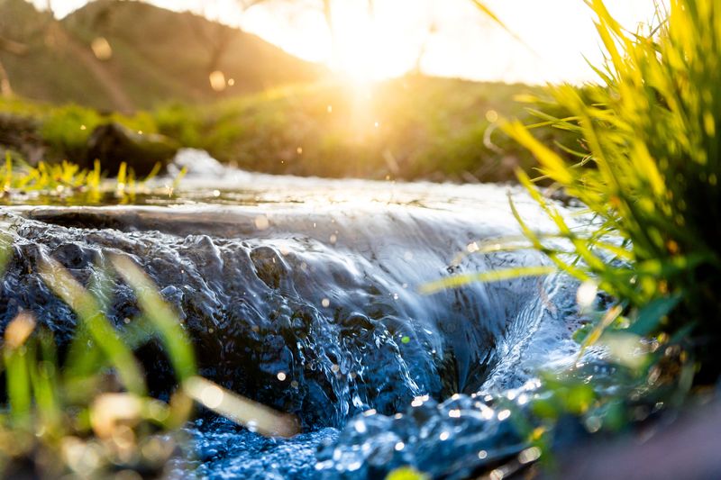 Close up picture of a stream weaving through the hills