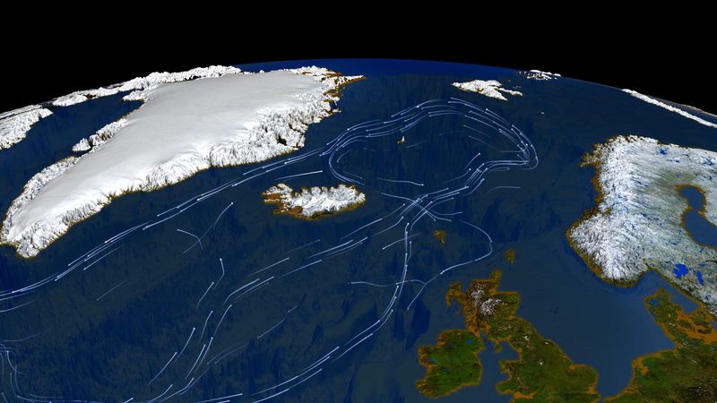 A digital image of the oceans surrounding the UK with lines indicating the flow of the Gulf Stream.