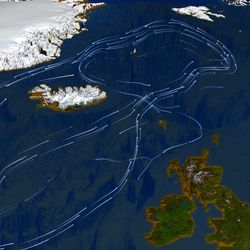 A digital image of the oceans surrounding the UK with lines indicating the flow of the Gulf Stream.