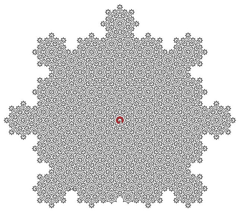 A black and white image of a complicated maze generated using the Hamiltonian cycle