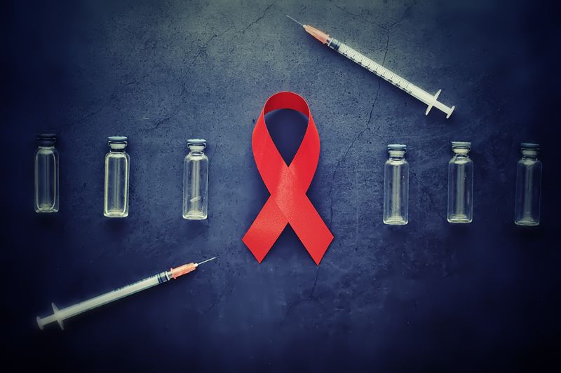 concept of injection for HIV. Red HIV awareness ribbon with three injection vials on either side of it on a dark grey surface, with two syringes