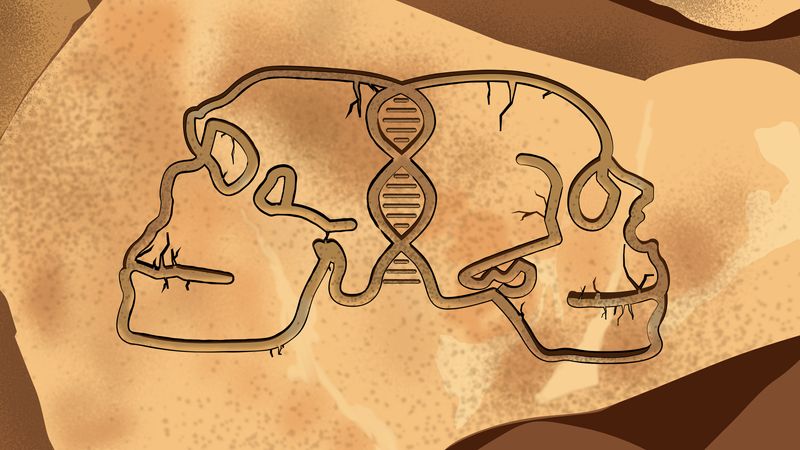 artwork depicting the outline of a human and neanderthal skull, as if carved in rock. Where the skulls join, they are connected by a double helix of DNA.