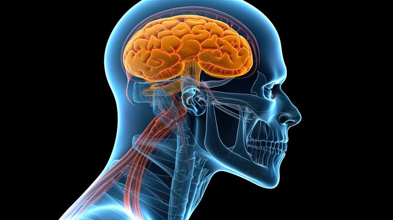 side view of human head 3D illustration, showing skeleton and brain