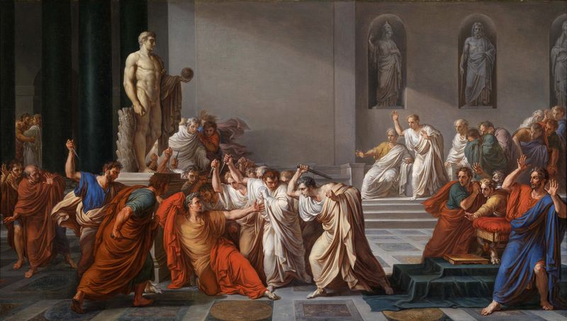 The painting shows caesar surrounded by Senators about to get stabbed