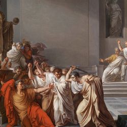 The painting shows caesar surrounded by Senators about to get stabbed