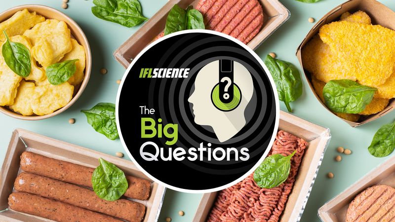 assortment of plant-based meats in the background, IFLScience The Big Questions logo in the foreground