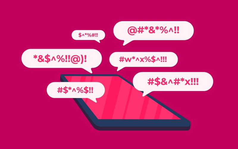 Illustration of a phone or tablet on a hot pink background, with speech bubbles containing censored profanity emanating from it