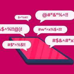 Illustration of a phone or tablet on a hot pink background, with speech bubbles containing censored profanity emanating from it