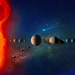 Illustration of the planets of the Solar system, the Sun on the left