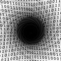 A page of binary numbers, 0 and 1, with a the center an impression of a black hole