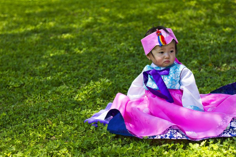 Korean Baby wearing a Traditional Hanbok sitting on grass