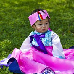 Korean Baby wearing a Traditional Hanbok sitting on grass