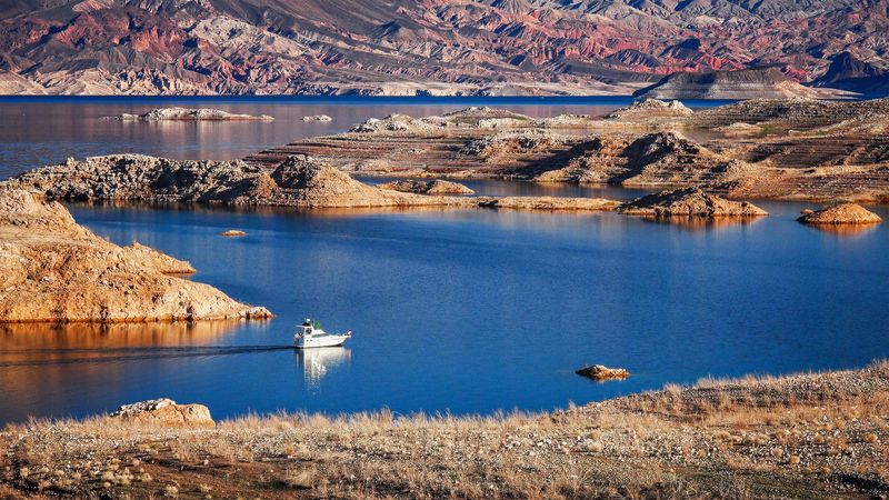 A powerboat cruising on Lake Mead