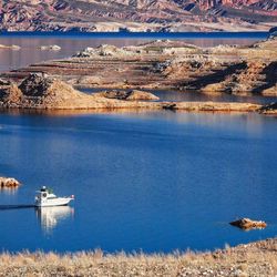 A powerboat cruising on Lake Mead