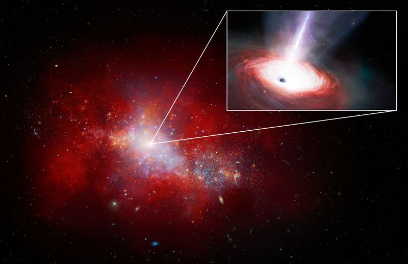 the image shows a fuzzy protogalaxy and an inset show its core where another artist impression show a supermassive black hole as a black sphere releasing a powerful jet