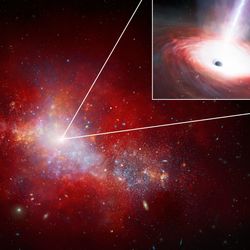 the image shows a fuzzy protogalaxy and an inset show its core where another artist impression show a supermassive black hole as a black sphere releasing a powerful jet