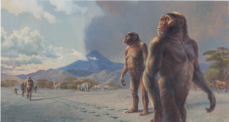 An illustration showing what Lucy and her species may have looked like. The colored image shows two ape-like hominids standing in the foreground. The first is male and, slightly behind him, is a female example. Further in the background are some other members of their species following footprints in the sand. The animals are located within an African setting with a mountain in the background as well as some elephants, giraffes and ghazel.  