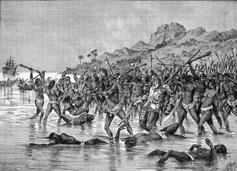 An illustration of The death of Ferdinand Magellan in 1521 on a beach in Mactan Island (now part of Cebu, Philippines)