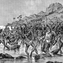 An illustration of The death of Ferdinand Magellan in 1521 on a beach in Mactan Island (now part of Cebu, Philippines)