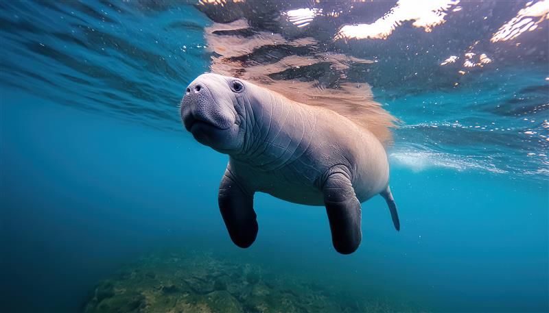 Animal concept of a West Indian manatee - Trichechus manatus - swiming under water seen at Three sisters springs in Crystal River, Florida