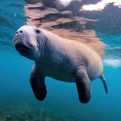 Animal concept of a West Indian manatee - Trichechus manatus - swiming under water seen at Three sisters springs in Crystal River, Florida