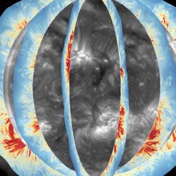 An illustration of the global coronal magnetic field as the Sun rotates. The background shows the solar corona observed in the extreme-ultraviolet waveband, with global coronal magnetic field maps measured at different times overlapped on top of it.