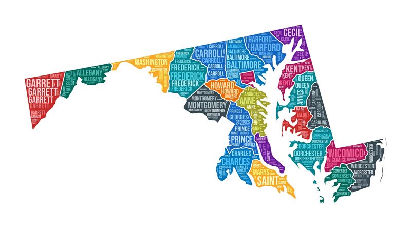 Maryland shape State word cloud with county division.