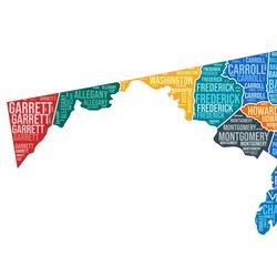 Maryland shape State word cloud with county division.