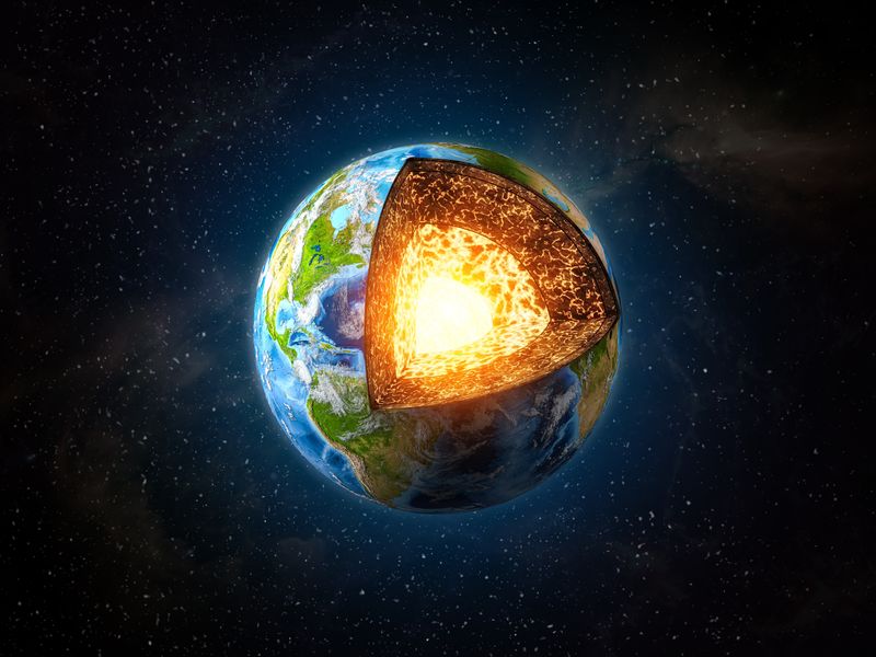 Artist impression of the Earth with one eight slice removed showing its interior.