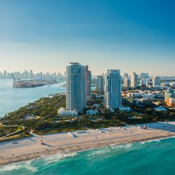 wide drone shot of the port of miami florida during a bright sunny day.