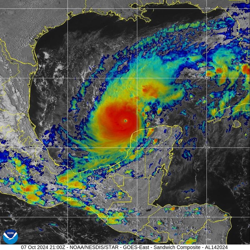 An NOAA satellite image of Hurricane Milton in the Gulf of Mexico on October 7, 2024. The storm is moving towards the West Coast of Florida, seen in the top right of the picture. 