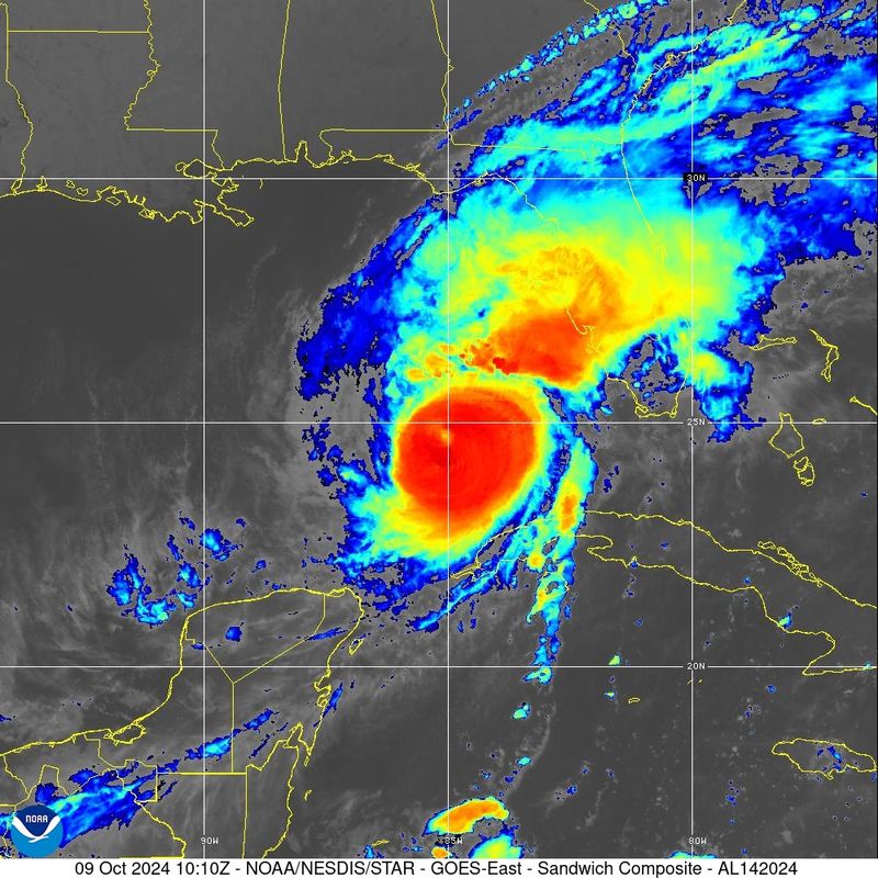 NOAA satellite image of Hurricane Milton in the Gulf of Mexico on October 9 as it moves northeastward towards Florida, USA. 