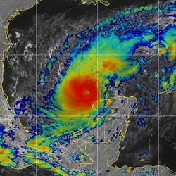 An NOAA satellite image of Hurricane Milton in the Gulf of Mexico on October 7, 2024. The storm is moving towards the West Coast of Florida, seen in the top right of the picture. 